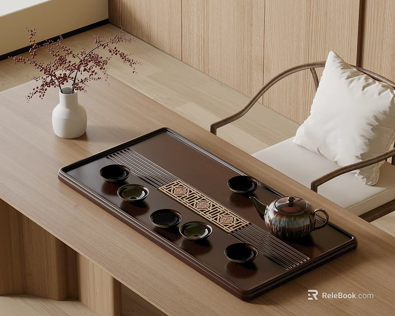 Elegant Tea Set With Wooden Tray Cups And Teapot On Natural Table 3d model 