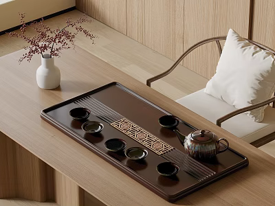 Elegant Tea Set With Wooden Tray Cups And Teapot On Natural Table 3d model
