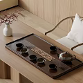 Elegant Tea Set With Wooden Tray Cups And Teapot On Natural Table