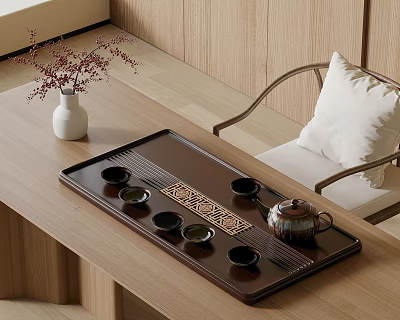 Elegant Tea Set With Wooden Tray Cups And Teapot On Natural Table 3d model