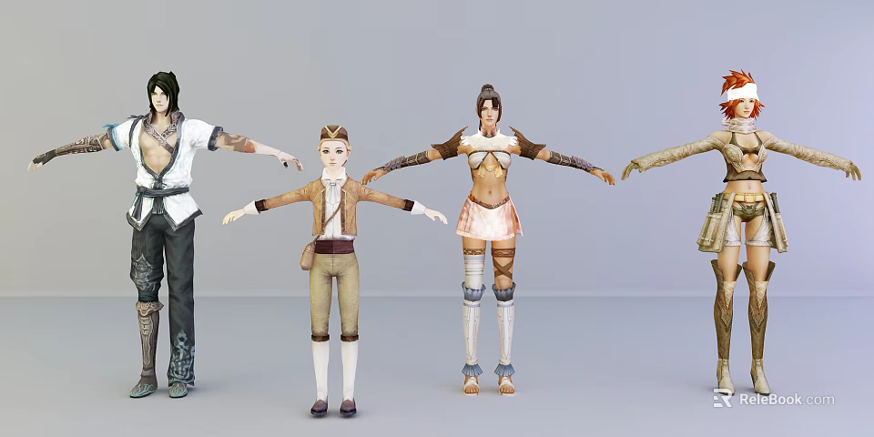 Four Different Game and Movie Characters With Varied Costumes Hairstyles Standing Poses And Stretching Arms 3d model 
