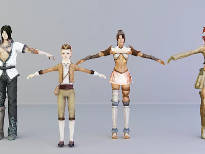 Four Different Game and Movie Characters With Varied Costumes Hairstyles Standing Poses And Stretching Arms 3d model