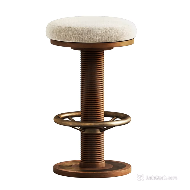 Vintage Brass Coiled Spring Stool With Linen Padded Seat And Footrest Ring 3d model 