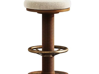 Vintage Brass Coiled Spring Stool With Linen Padded Seat And Footrest Ring 3d model