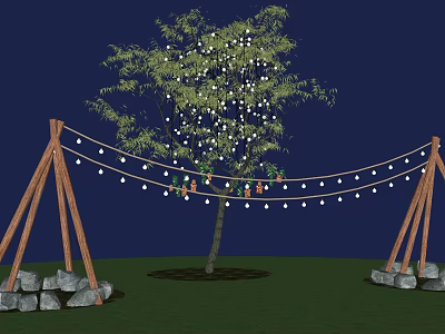 Outdoor Night Decor Scene With Tree String Lights Wooden Tripods Colorful Decorations Grass And Stones 3d model