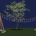 Outdoor Night Decor Scene With Tree String Lights Wooden Tripods Colorful Decorations Grass And Stones
