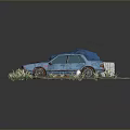 Abandoned Blue Car Surrounded By Overgrown Weeds And Stones On Weathered Ground