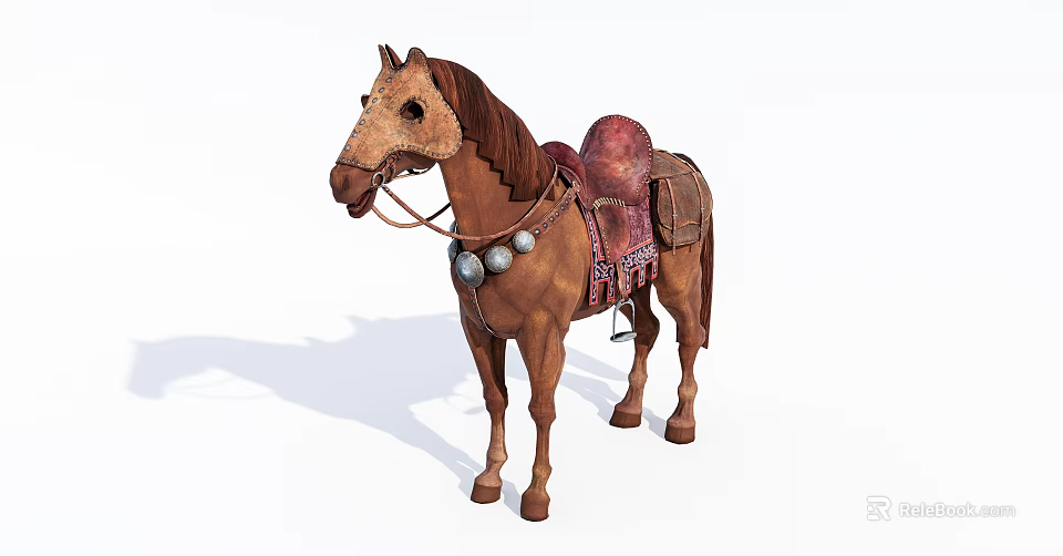 Brown Horse With Saddle Bells And Decorative Gear In Standing Pose 3d model 