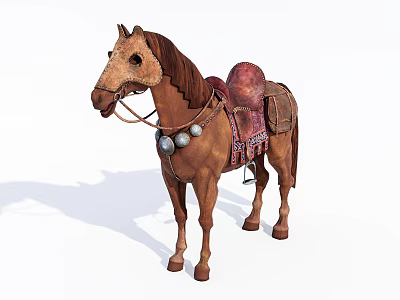 Brown Horse With Saddle Bells And Decorative Gear In Standing Pose 3d model