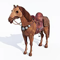 Brown Horse With Saddle Bells And Decorative Gear In Standing Pose