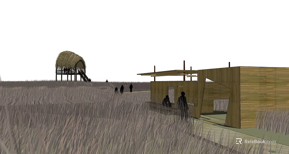 Rural Landscape With Wooden Buildings Tall Grass And People Enjoying Natural Countryside Scenery 3d model 