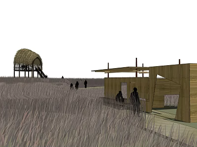 Rural Landscape With Wooden Buildings Tall Grass And People Enjoying Natural Countryside Scenery 3d model