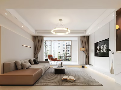 Modern Living Dining Room Interior With Sofa TV Chandelier And Curtains 3d model