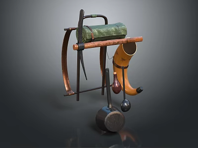 Hardware Tools Arranged On Metal Stand With Sickle Green Tool Bag And Hanging Tools 3d model