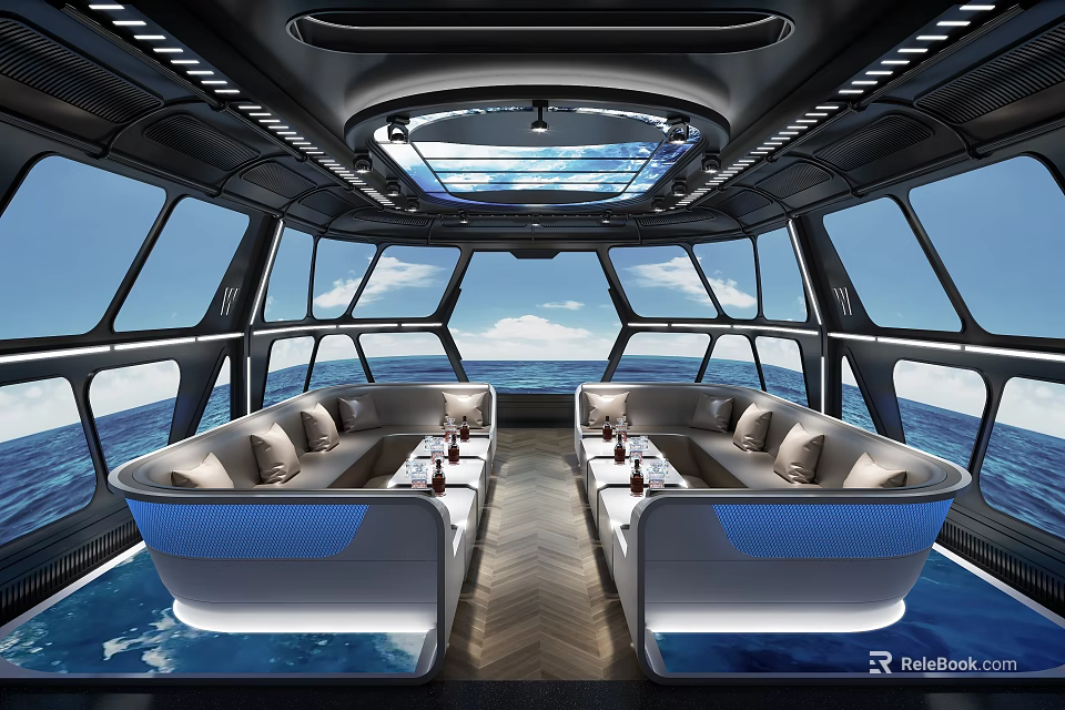 Luxury KTV Lounge Interior With Modern Ceiling Design Ocean View Windows And Sofa Seats 3d model 