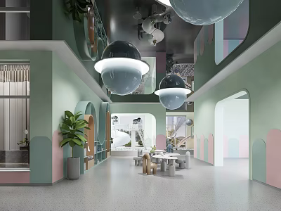Playroom Interior Design With Green Pink Walls Arched Doorways Hanging Spherical Lamps And Plants 3d model