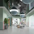 Playroom Interior Design With Green Pink Walls Arched Doorways Hanging Spherical Lamps And Plants