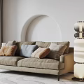 Beige Two Seater Sofa With Cushions Beside Floor Lamp On Light Wall Arch Design