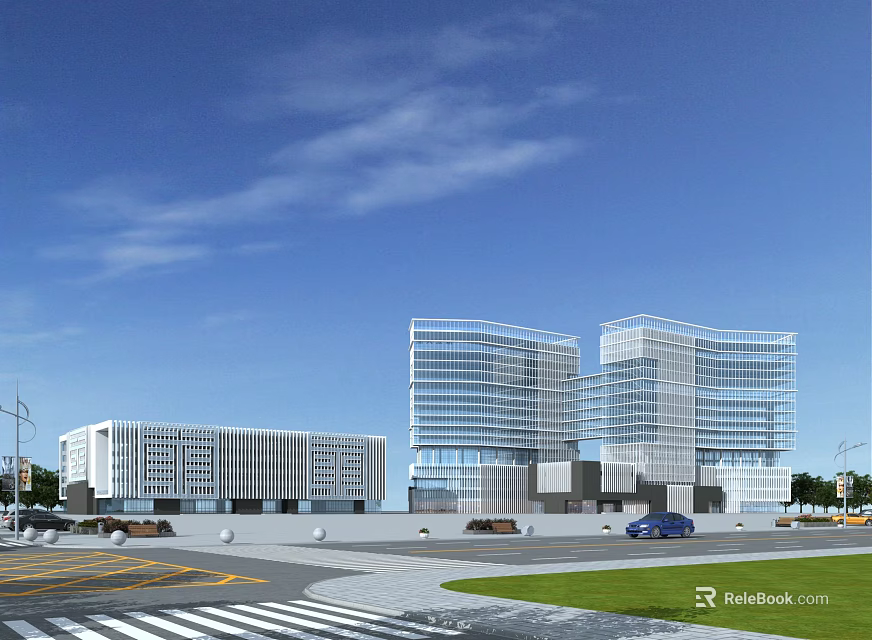 Modern Office Building Complex With Glass Curtain Walls Road Grassland And Vehicles 3d model 