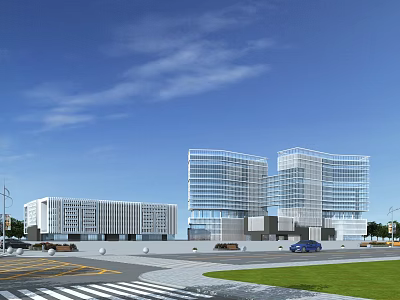 Modern Office Building Complex With Glass Curtain Walls Road Grassland And Vehicles 3d model