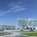 Modern Office Building Complex With Glass Curtain Walls Road Grassland And Vehicles