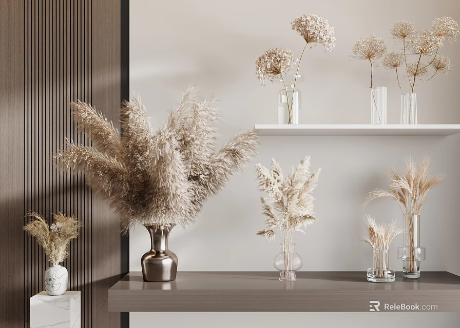Modern Minimalist Dried Flower Arrangements in Metallic Glass Ceramic Vases on Shelves and Countertop 3d model 