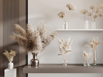 Modern Minimalist Dried Flower Arrangements in Metallic Glass Ceramic Vases on Shelves and Countertop 3d model