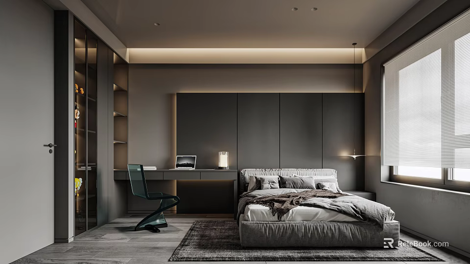 Modern Bedroom Interior Design With Large Bed Dark Headboard Wall Bedside Lamps And Desk Chair 3d model 