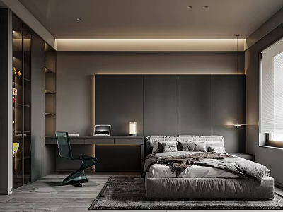 Modern Bedroom Interior Design With Large Bed Dark Headboard Wall Bedside Lamps And Desk Chair 3d model