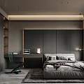 Modern Bedroom Interior Design With Large Bed Dark Headboard Wall Bedside Lamps And Desk Chair