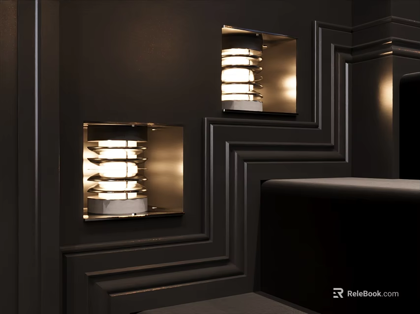 Elegant Modern Recessed Wall Sconces With Layered White Shades On Black Decorative Wood Trim Wall 3d model 