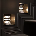 Elegant Modern Recessed Wall Sconces With Layered White Shades On Black Decorative Wood Trim Wall