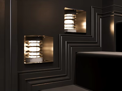Elegant Modern Recessed Wall Sconces With Layered White Shades On Black Decorative Wood Trim Wall 3d model
