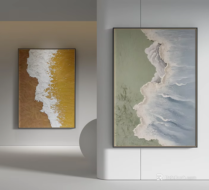 Abstract Decorative Paintings With Yellow Green Wave Texture Hanging On Wall 3d model 