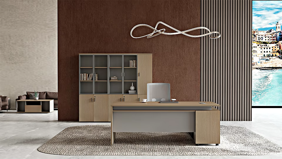 Modern Office Interior With Wooden Desk Bookcase And Stylish Chandelier On Patterned Rug 3d model 