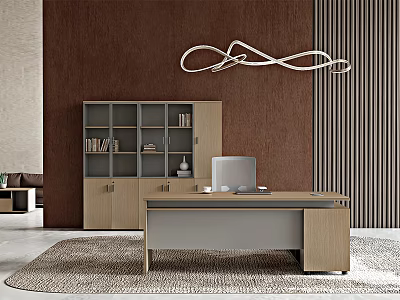 Modern Office Interior With Wooden Desk Bookcase And Stylish Chandelier On Patterned Rug 3d model