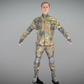 Man In Military Camouflage Uniform With Knee Pads Standing In Full Body Pose