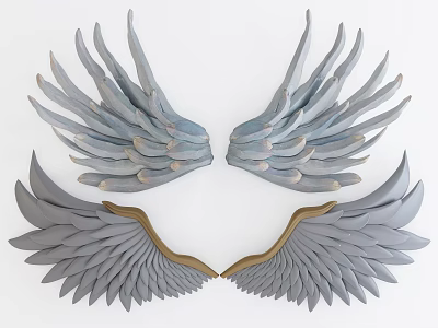 Stylish Wing Shaped Wall Decor With Gray Feathers And Gold Edges 3d model