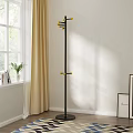 Elegant Metal Coat Rack With Plaid Scarf Handbag Near Window Curtain Potted Plant