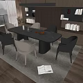 Modern Style Dining Table Set with Marble Top Six Light Gray Chairs and Bookshelves