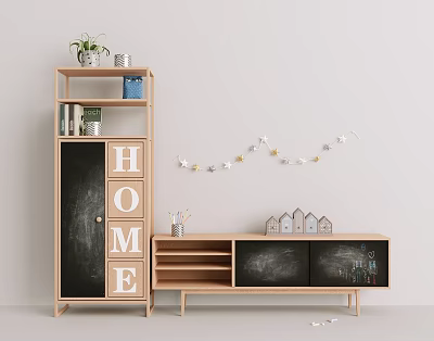Wooden Storage Shelving Unit With Chalkboard Door HOME Lettering Star Garland And Potted Plant 3d model