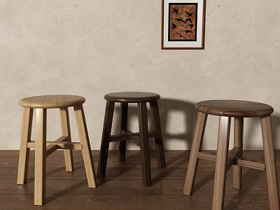 Three Wooden Stools in Different Colors Against Light Wall on Wooden Floor with Decorative Painting 3d model