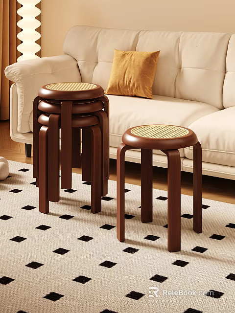 Wooden Wicker Seat Stools Next To Beige Sofa On Black And White Checkered Rug 3d model 