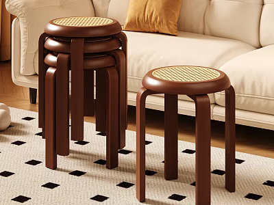 Wooden Wicker Seat Stools Next To Beige Sofa On Black And White Checkered Rug 3d model