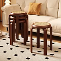 Wooden Wicker Seat Stools Next To Beige Sofa On Black And White Checkered Rug