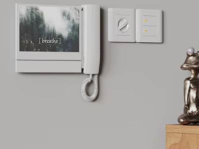 Modern Wall Mounted Doorbell with Screen Displaying Breathe Text Near Light Switches and Decorative Figurine 3d model