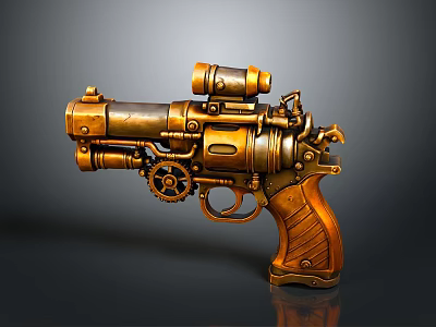 Steampunk Pistol With Brass Metallic Body Wooden Grip Gear Mechanism And Telescopic Scope 3d model