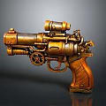 Steampunk Pistol With Brass Metallic Body Wooden Grip Gear Mechanism And Telescopic Scope