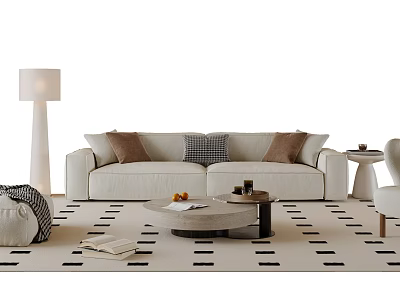 Modern Light Colored Sofa Coffee Table Set With Decorative Pillows Round Table And Geometric Rug 3d model