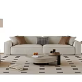 Modern Light Colored Sofa Coffee Table Set With Decorative Pillows Round Table And Geometric Rug